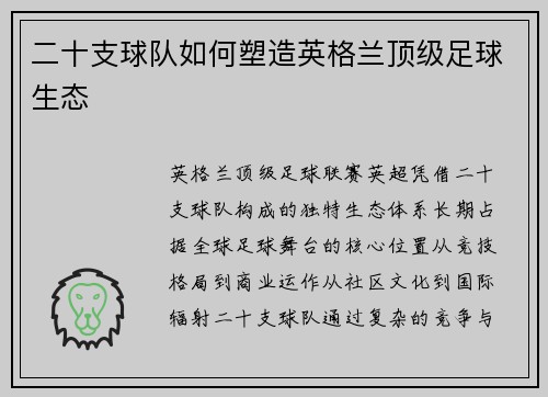 二十支球队如何塑造英格兰顶级足球生态